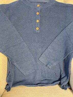 Amazon Blue Knit Henley Sweater with Wooden Buttons